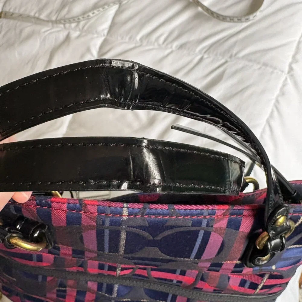 Coach Poppy 2way Shoulder Bag Red Blue Tartan Plaid Signature Canvas Patent Trim
